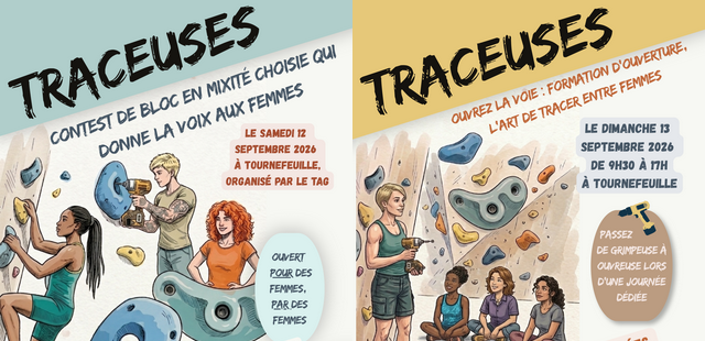 You are currently viewing LES TRACEUSES – Contest de bloc et Formation à l’ouverture, en mixité choisie – 12 et 13 sept. 2026